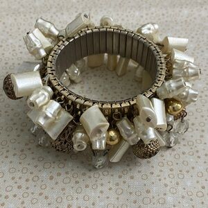 Vintage Faux Pearl and Bauble Cream and Gold Cha Cha Style Charm Bracelet
